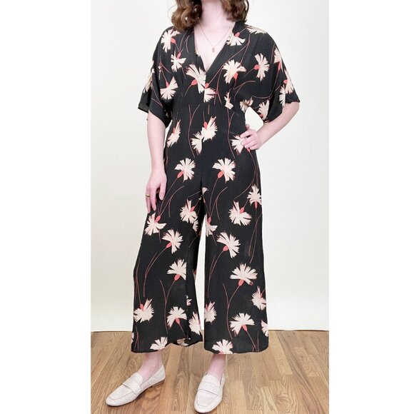 Anthropologie Pants - 100% Mulberry Silk Wide Leg Jumpsuit Pleated Floral Relaxed Fit & Flare V-Neck